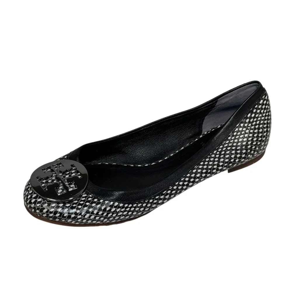 Tory Burch Womens Reva Ballet Flats‎ Black/White Snake Size 7